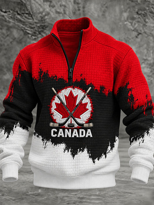 Men's Canadian Ice Hockey Printed Waffle Collar Sweatshirt