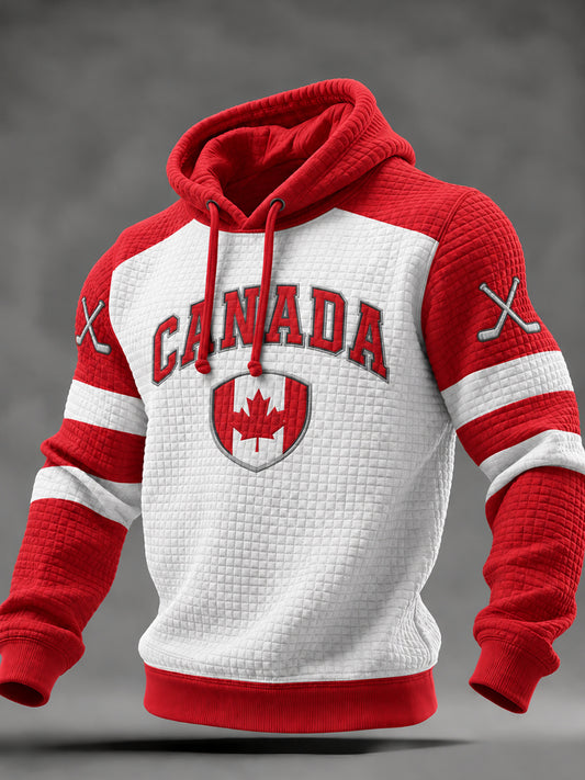 Men's Canadian Ice Hockey Printed Waffle Long Sleeved Hooded Sweatshirt