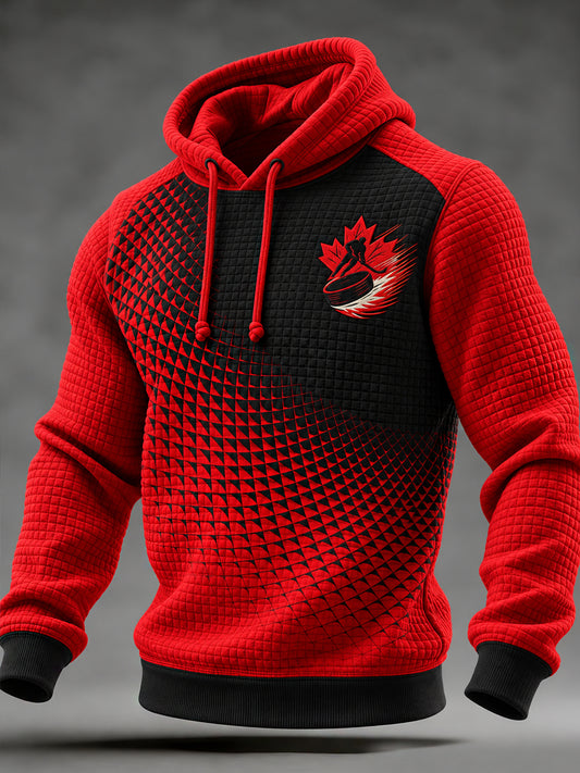 Men's Canadian Ice Hockey Printed Waffle Long Sleeved Hooded Sweatshirt