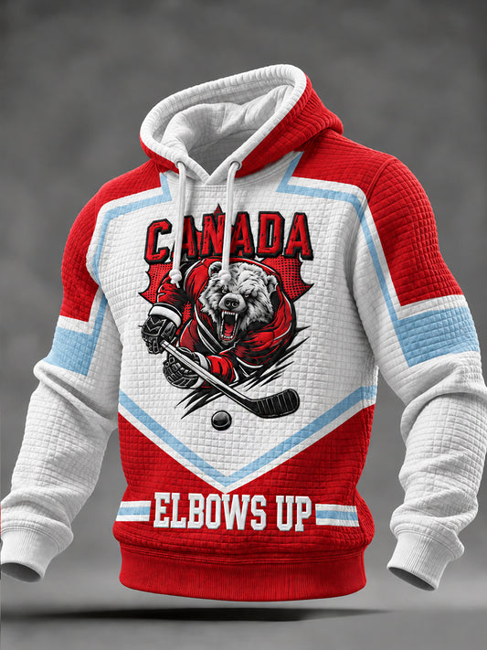 Men's Canadian Ice Hockey Printed Waffle Long Sleeved Hooded Sweatshirt