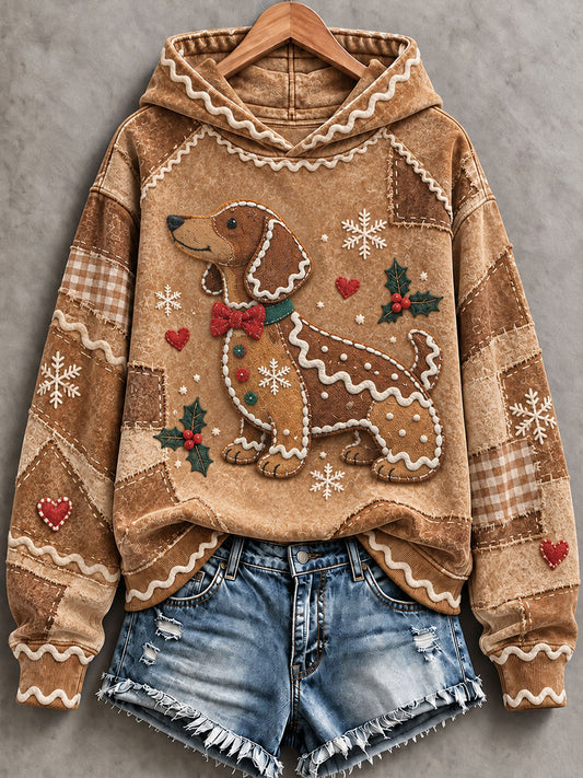 Women's Christmas Gingerbread Dog Dachshund Print Casual Hoodie