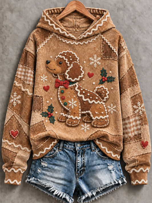 Women's Christmas Gingerbread Dog Poodle Print Casual Hoodie