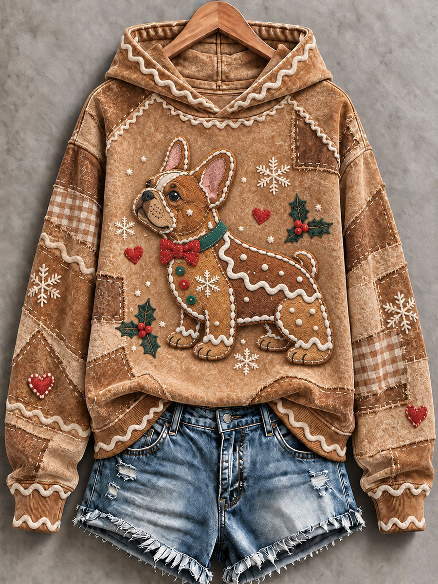 Women's Christmas Gingerbread Dog French Bulldog Print Casual Hoodie