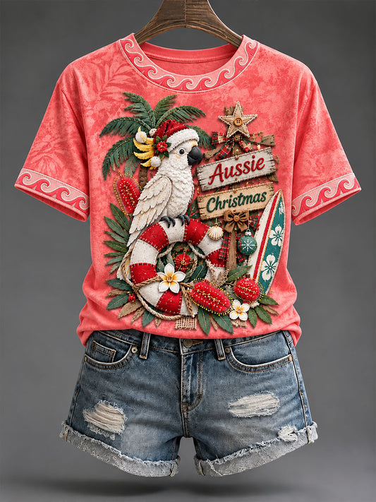 Women's Parrot Australia Christmas Print Casual T-Shirt