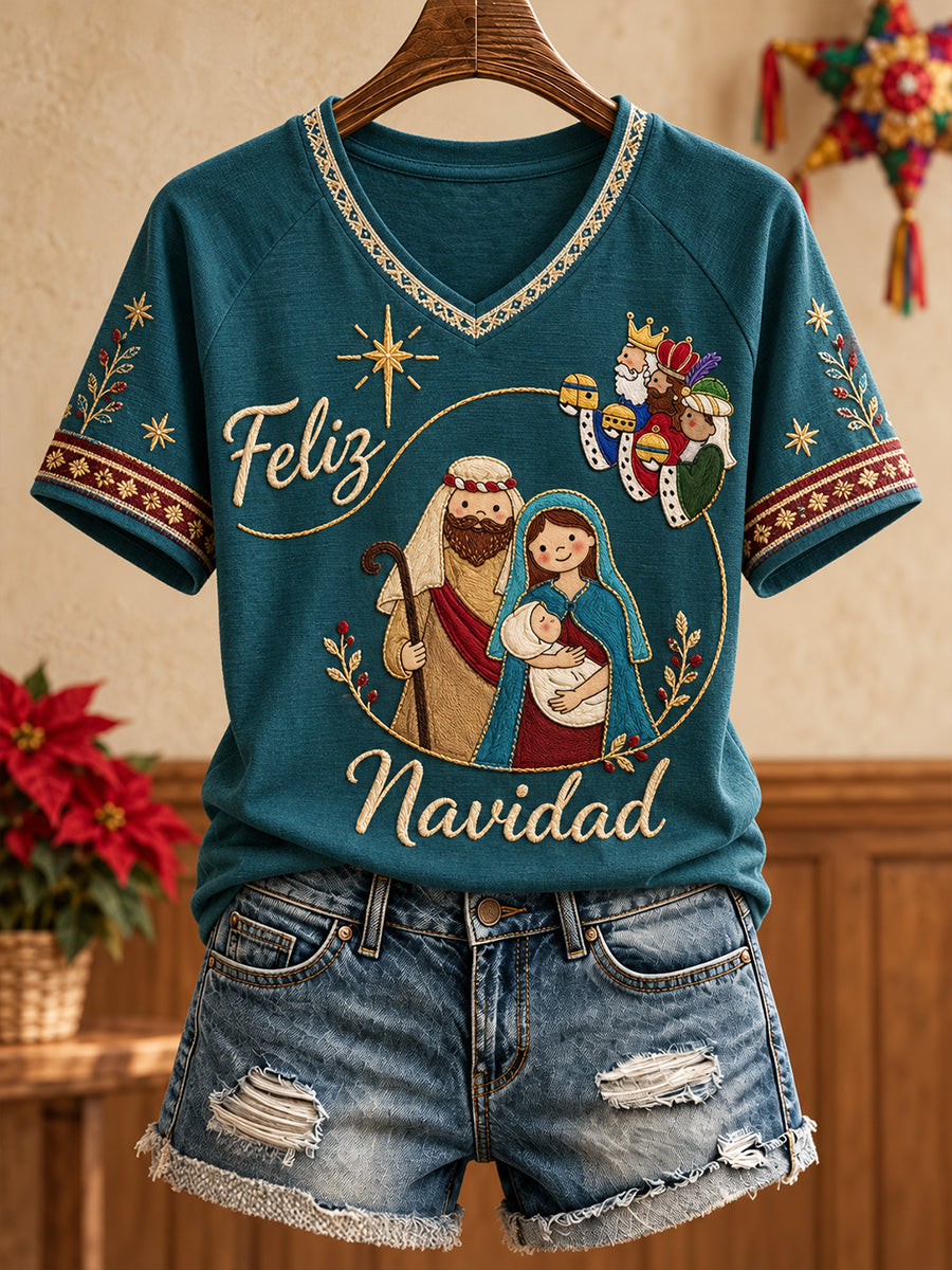 Women's Mexico Christmas Feliz Navidad Art Printed T-shirt