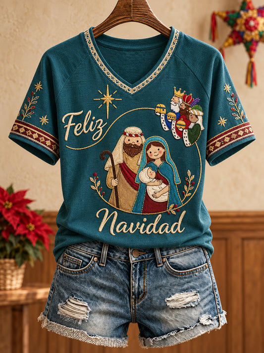 Women's Mexico Christmas Feliz Navidad Art Printed T-shirt