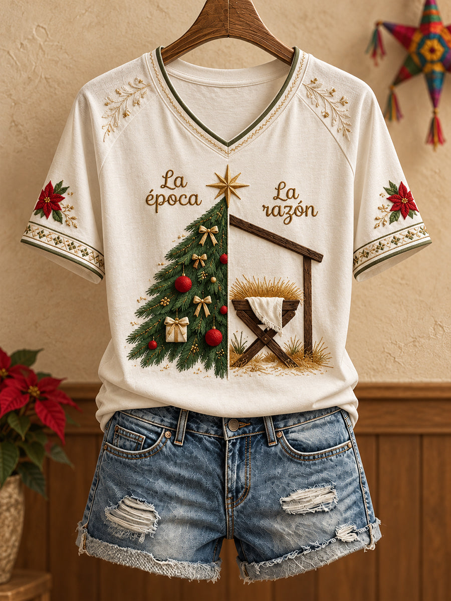 Women's Mexico Christmas Feliz Navidad Art Printed T-shirt