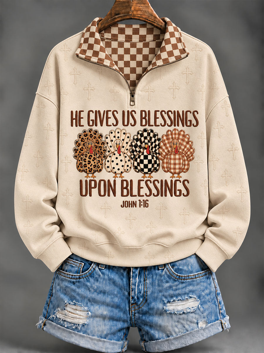 Women's 'He Gives Us Blessings Up On Blessings' Thanksgiving Day Faith Print Casual Sweatshirt
