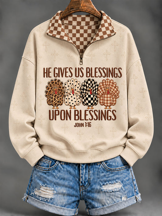 Women's 'He Gives Us Blessings Up On Blessings' Thanksgiving Day Faith Print Casual Sweatshirt