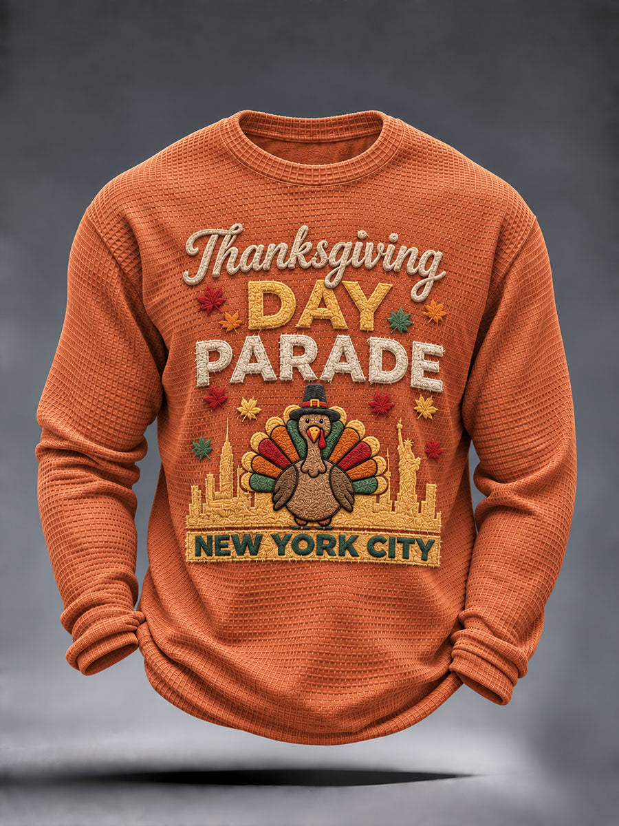 Men's Thanksgiving Parade Print Casual Waffle Long Sleeve T-Shirt