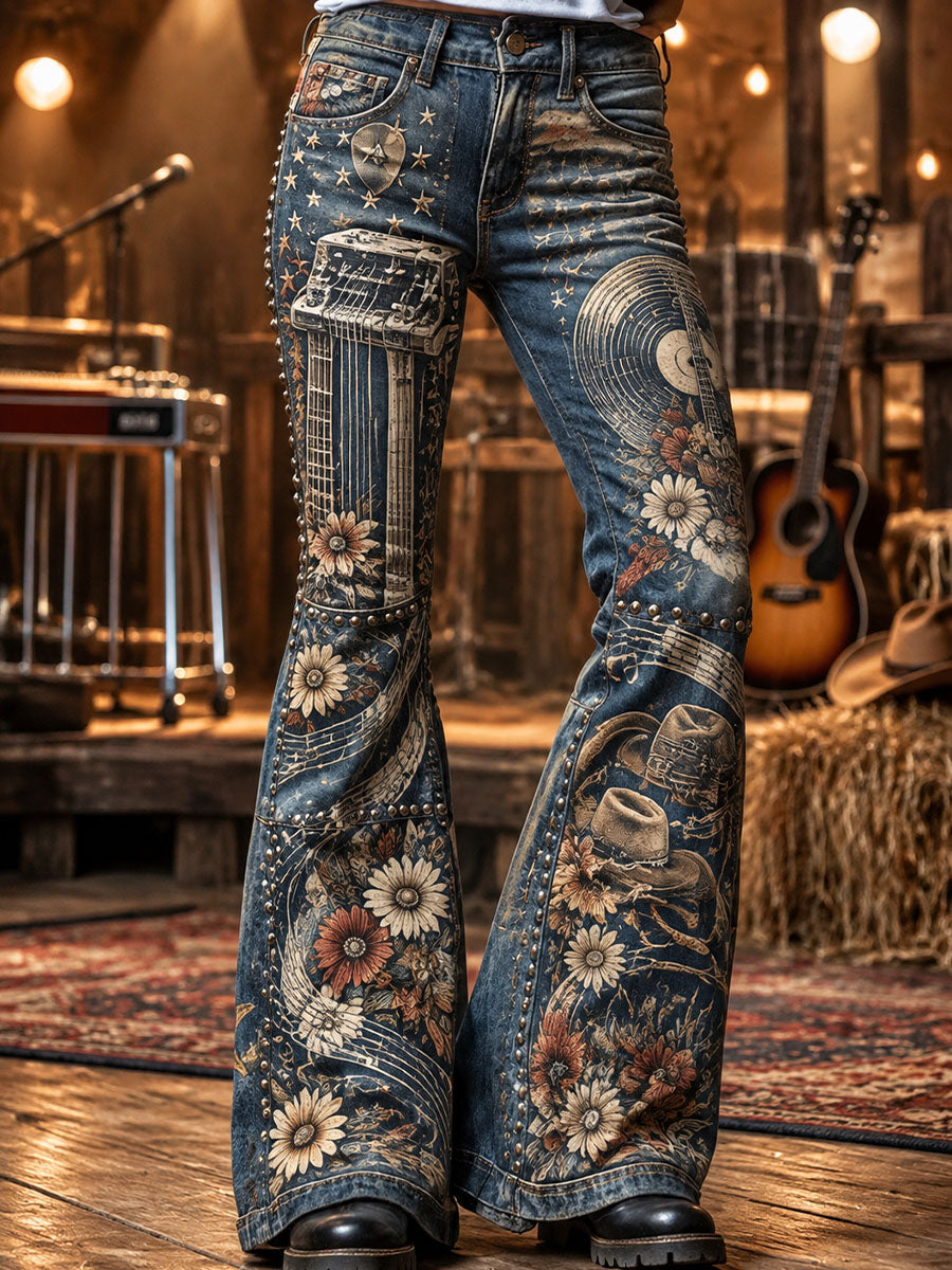 Women's Country Music Print Flared Trousers