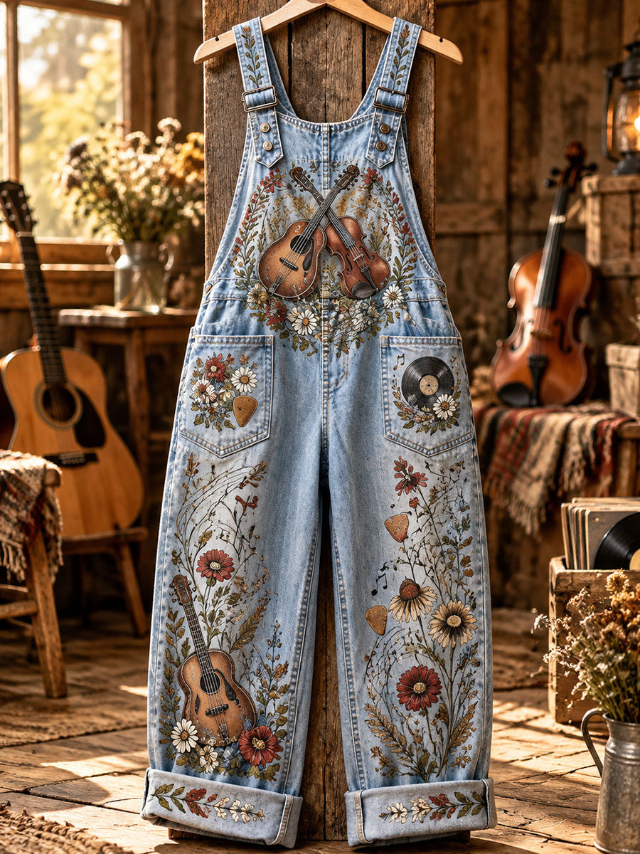Women's Country Music Print Denim One-piece Pants