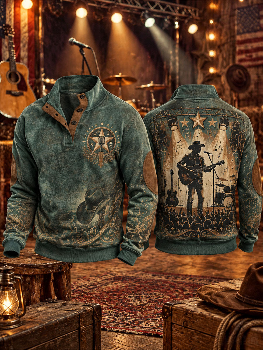Men's Country Music Print Four-Button Hoodie